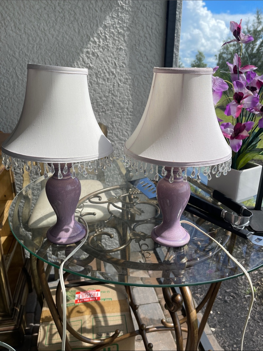 Pair of Cream & Lavender Table Lamps with Crystal Fringe